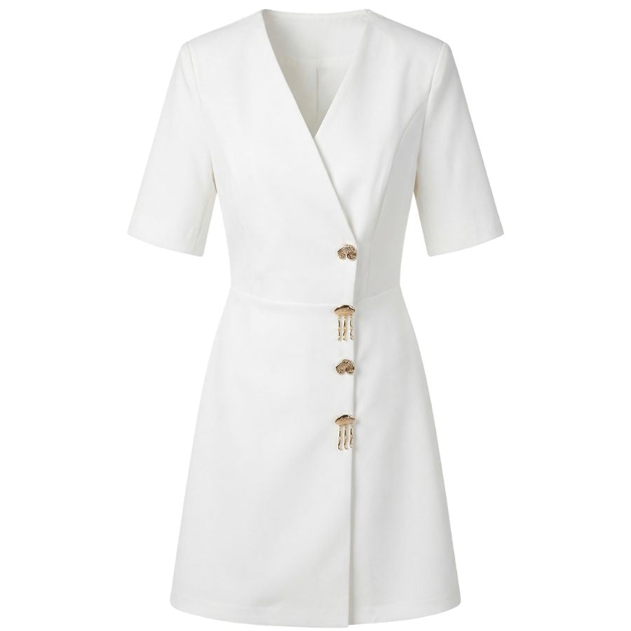 White Wrap Mini Dress with Gold Button Detail