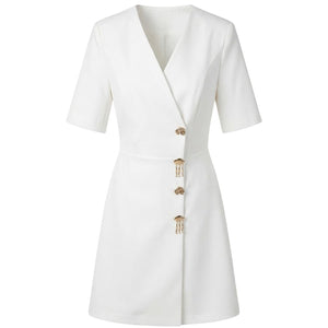 White Wrap Mini Dress with Gold Button Detail