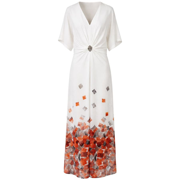White Kaftan Maxi Dress with Mosaic Print Hem