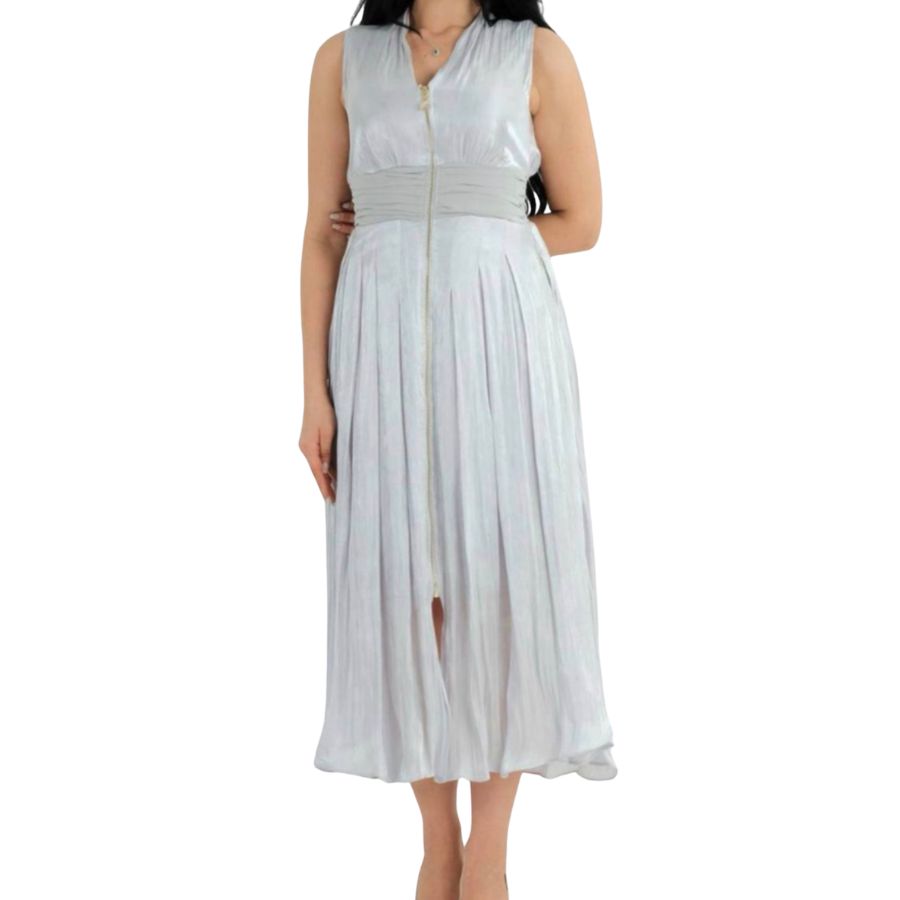 Silver Pleated Midi Dress with Front Zip Detail