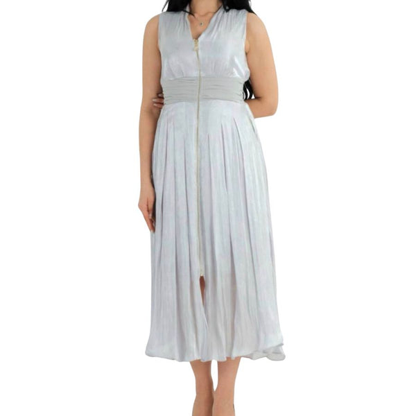 Silver Pleated Midi Dress with Front Zip Detail