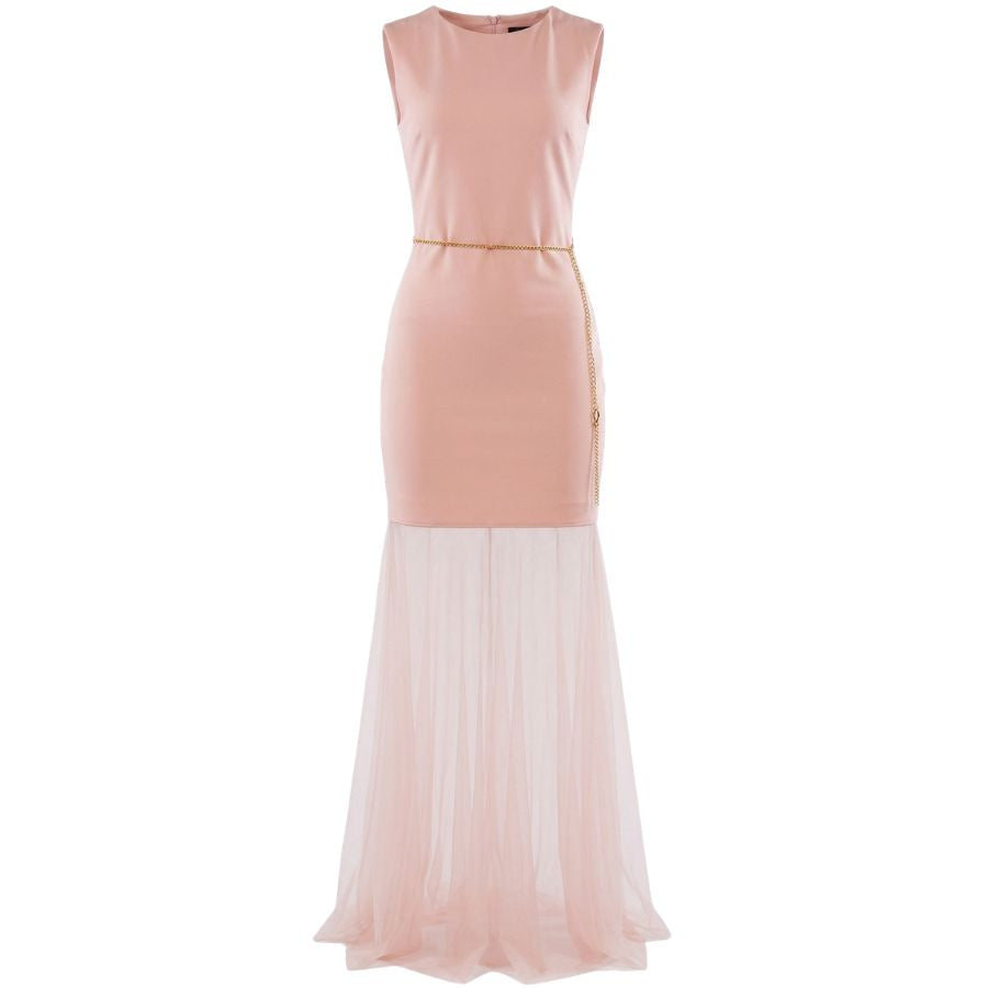Blush Pink Midi Dress with Tulle Hem & Chain Belt