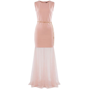 Blush Pink Midi Dress with Tulle Hem & Chain Belt
