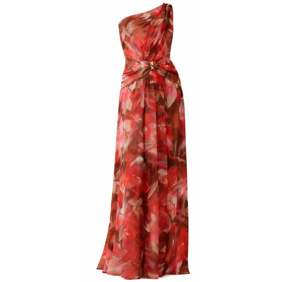 Floral One-Shoulder Maxi Dress with Draped Waist Detail