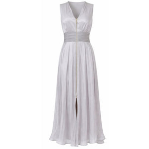 Silver Pleated Midi Dress with Front Zip Detail
