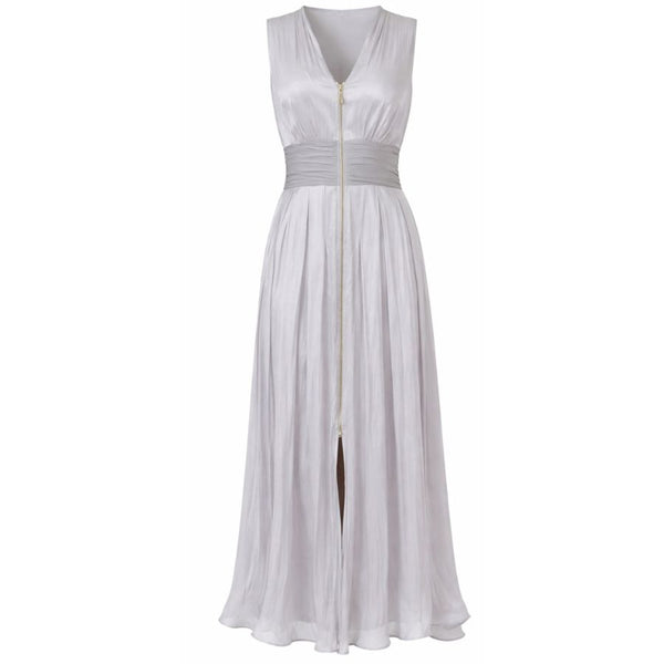 Silver Pleated Midi Dress with Front Zip Detail