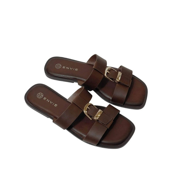 Envie Brown Buckle Slide Sandals