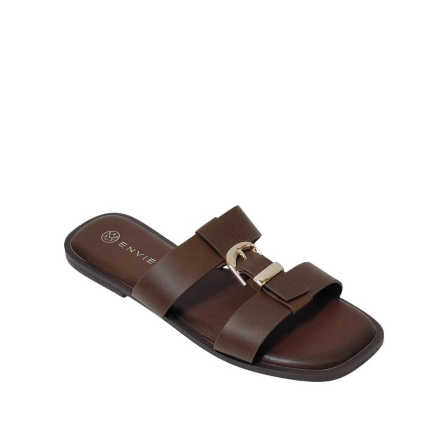 Envie Brown Buckle Slide Sandals