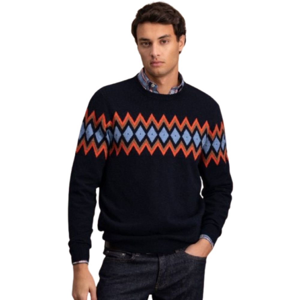 FYNCH HATTON DIAMOND LOOK ROUND NECK NAVY MEN SWEATER MADE OF MERINO CASHMERE