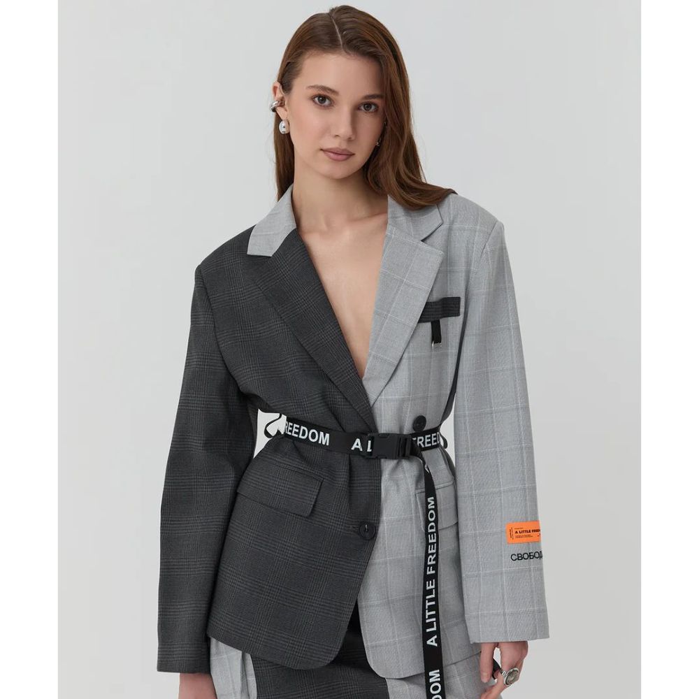 QUZU WOMEN DOUBLE COLOR BELTED WAIST BLAZER JACKET GREY