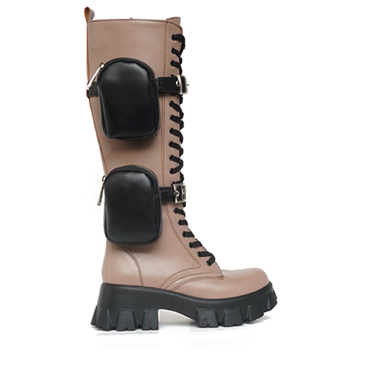 RAIN COMBAT BOOT WITH DOUBLE POUCH BEIGE